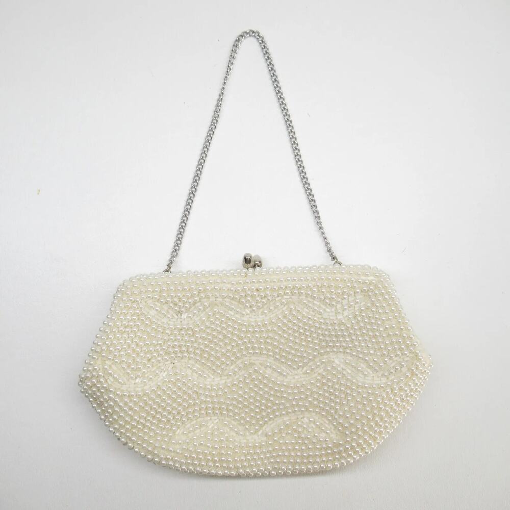 Japanese Beaded Handbag Women Mini Cream Wave Lines Purse Satchel Clutch Bag
